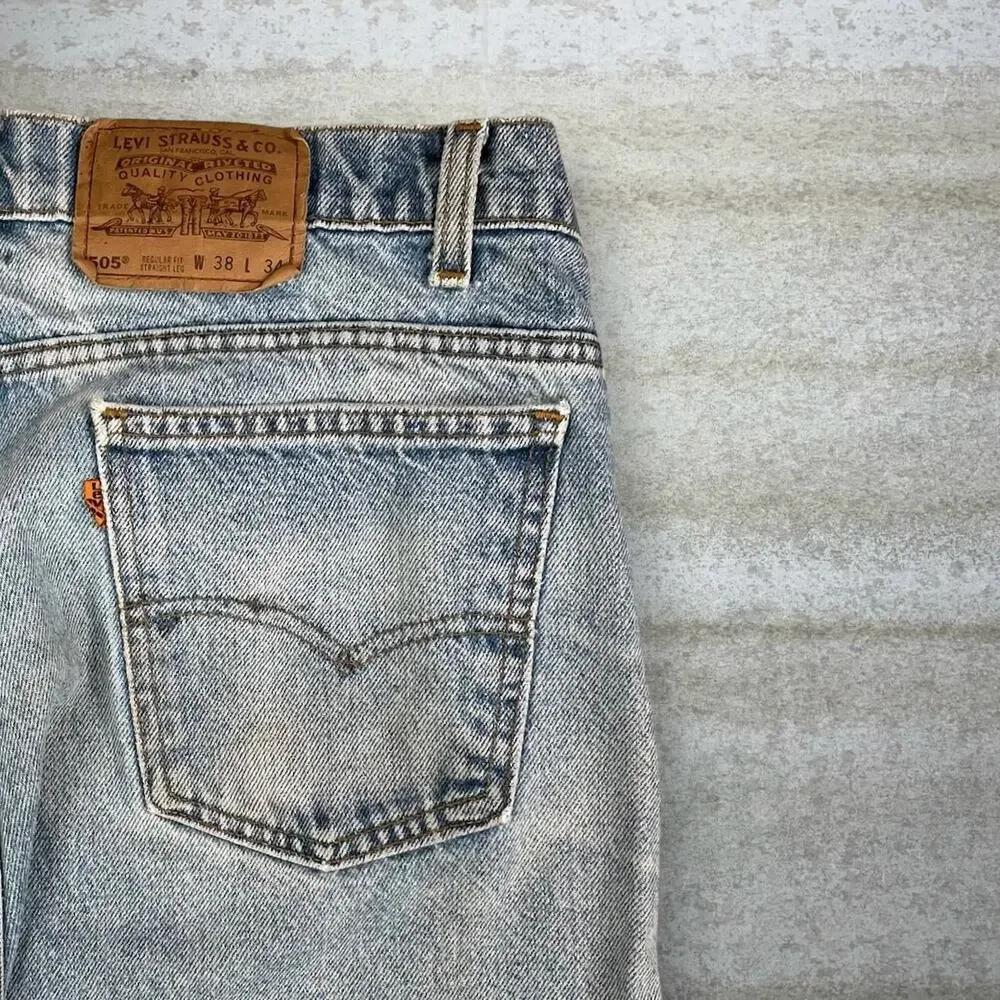 Vintage 90s Levis Jeans 505 38x34 Regular Straight Leg Fit Light Wash Orange Tab